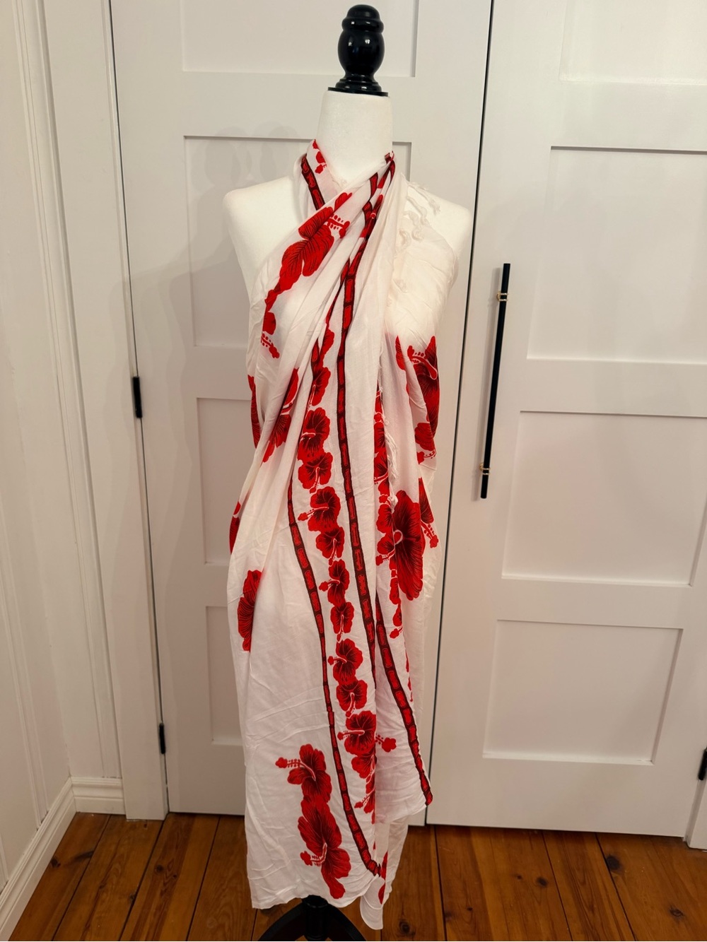 White Maxi Sarong Dress with Red Floral Print